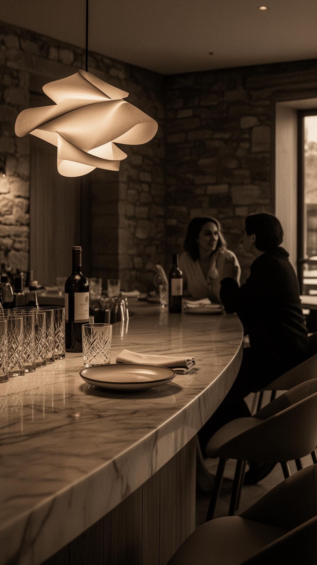 Interior de bar boutique con barra de mármol, cristalería y luz cálida arquitectónica.