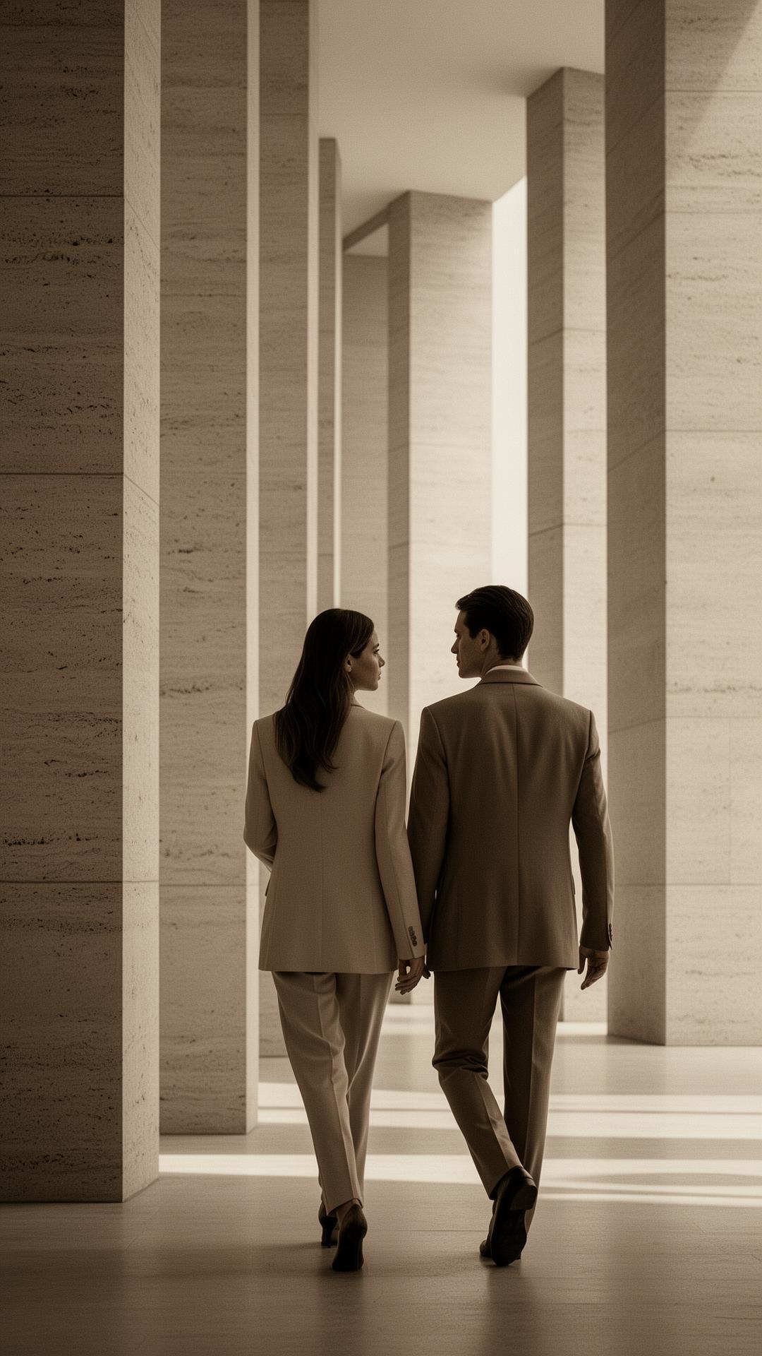 Pareja caminando a través de un interior arquitectónico de travertino, escena editorial monocromática.