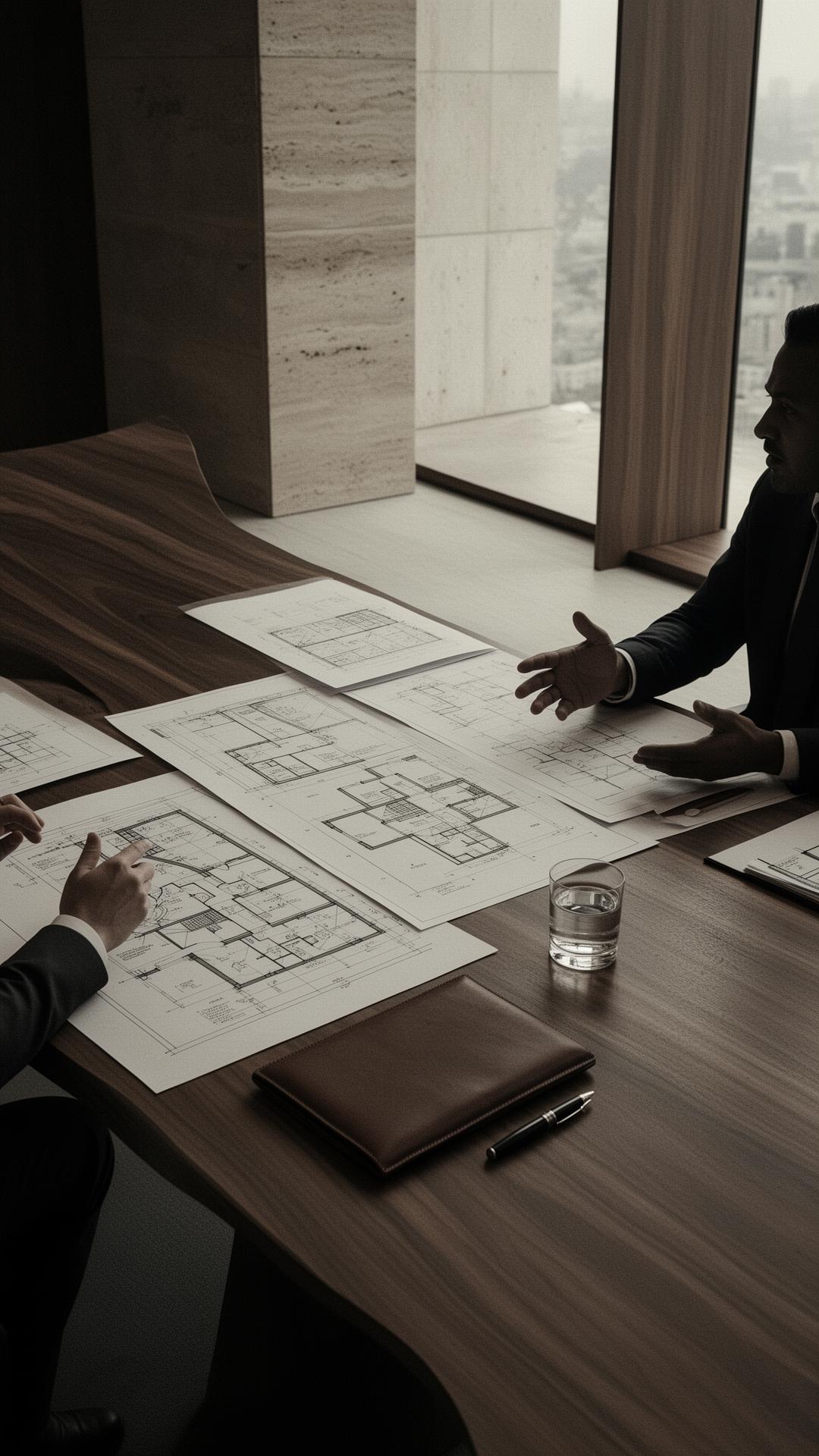 Mesa ejecutiva con planos y documentos estratégicos en un interior arquitectónico de tonos cálidos.